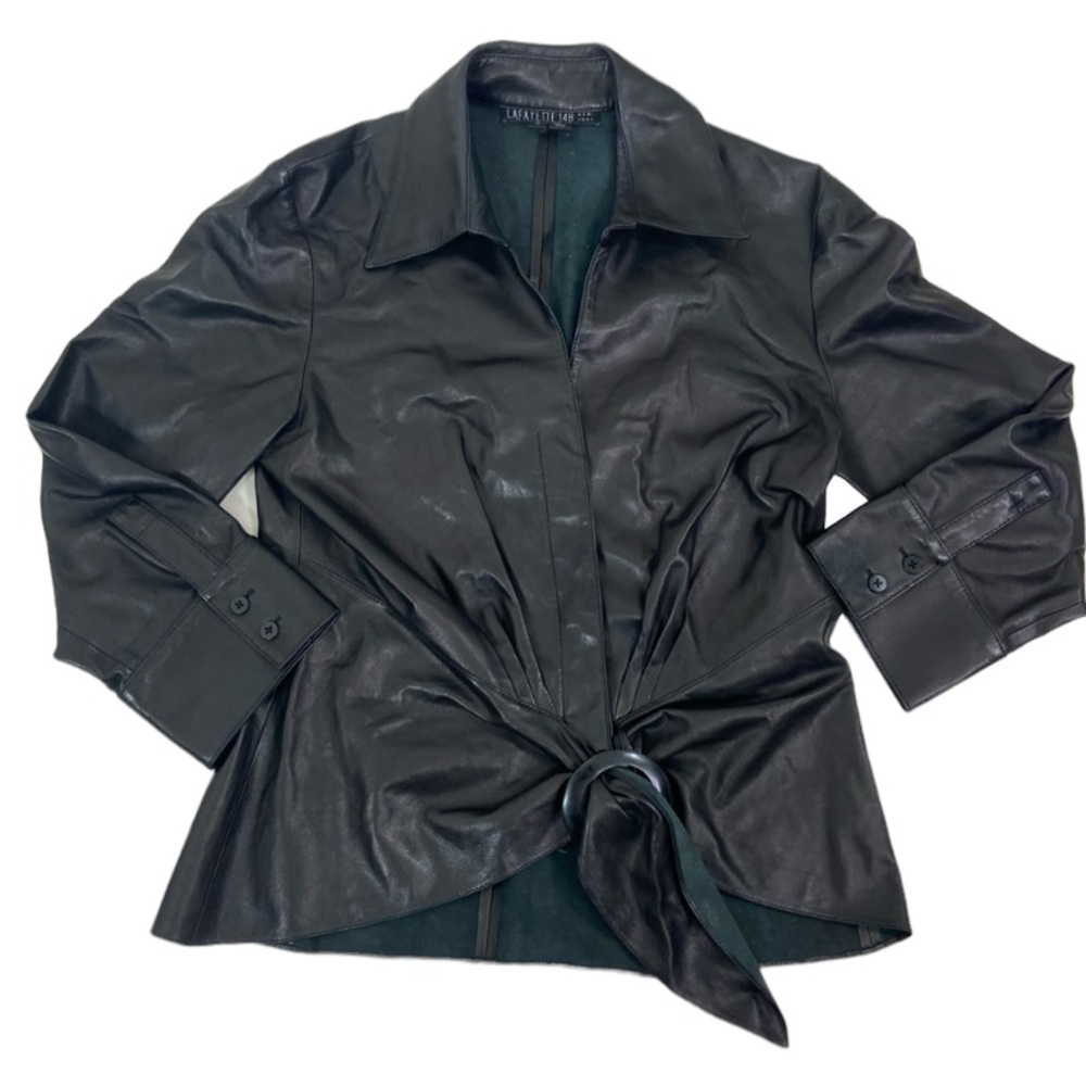 Lafayette148 black lambs leather belted top. Size 2